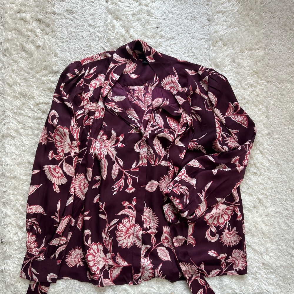 Ann Taylor Burgundy Floral Tie-Neck Blouse